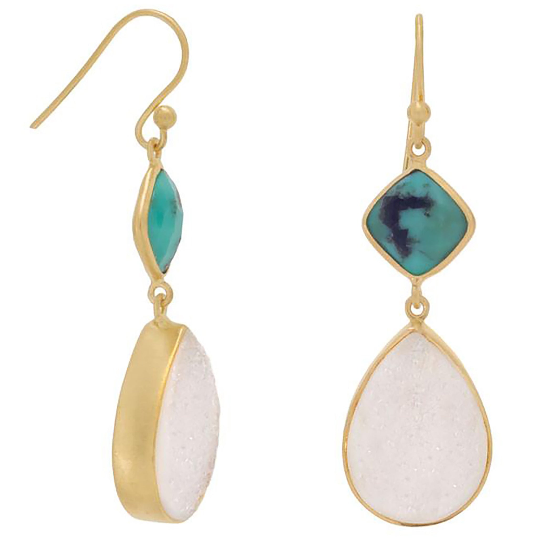 Turquoise and White Druzy Gold Earrings