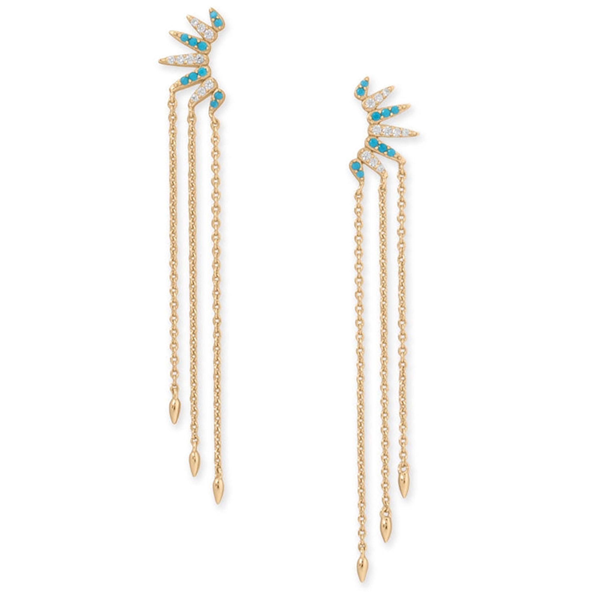 Turquoise and Zirconia Sunray Chain Drop Gold Earrings