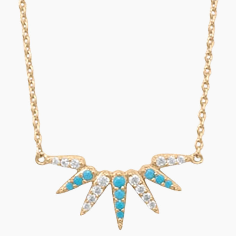 Turquoise and Zirconia Sunray Gold Necklace