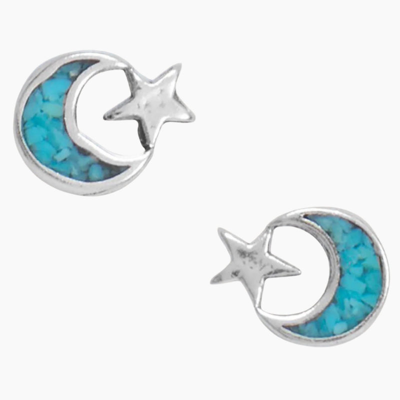 Turquoise Chip Moon and Star Stud Earrings