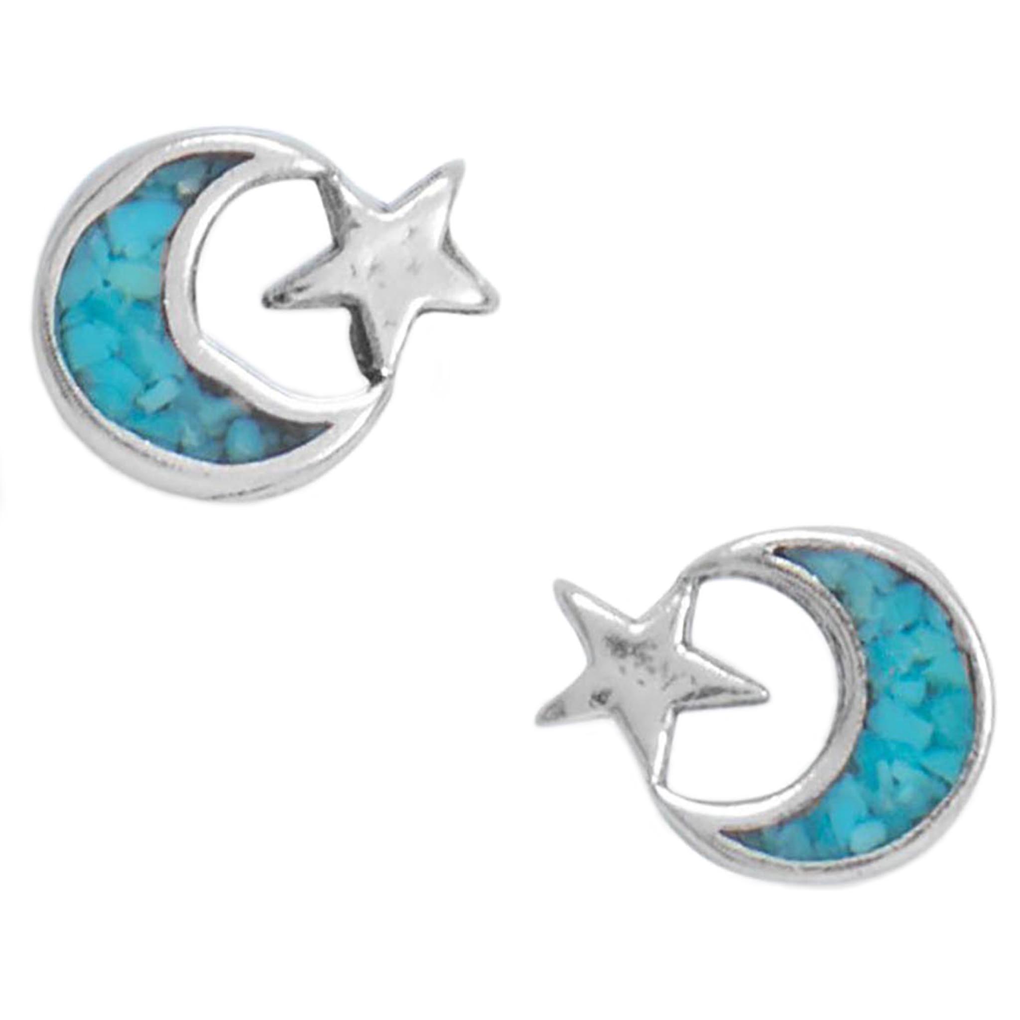 Turquoise Chip Moon and Star Stud Earrings