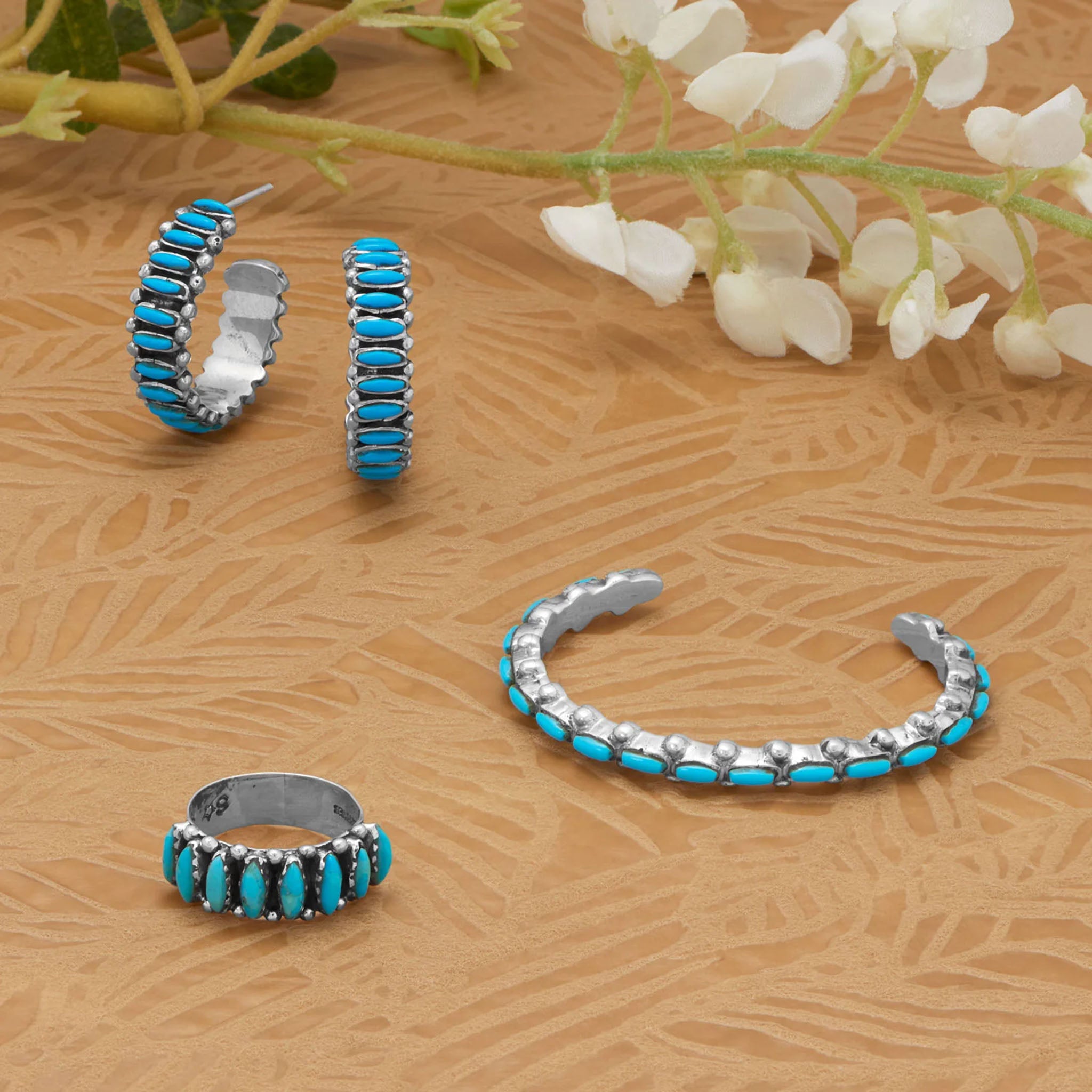 Turquoise Studded Three Quarter Hoop Earrings Display