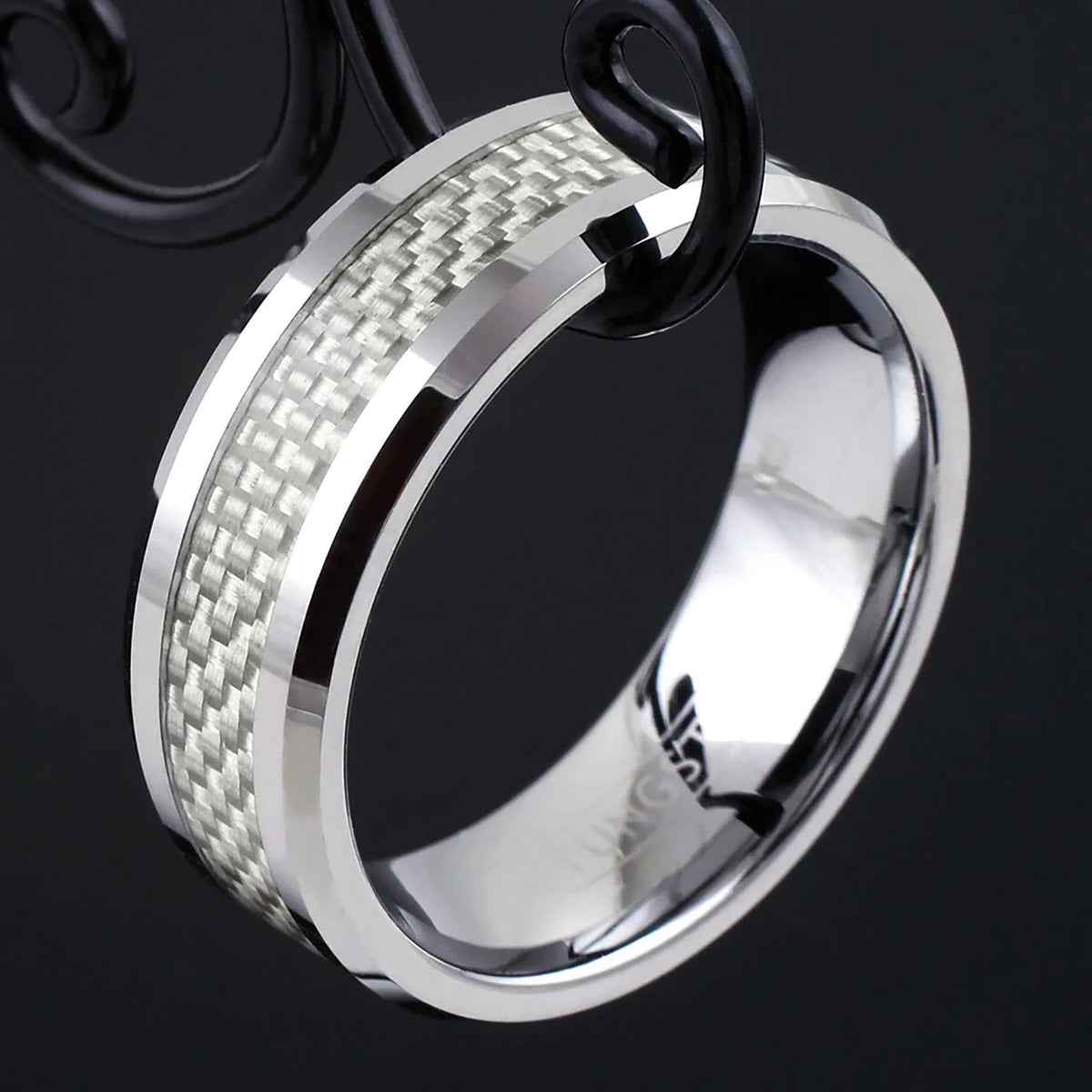 White Graphite Inlay on Silver Tungsten Ring Example