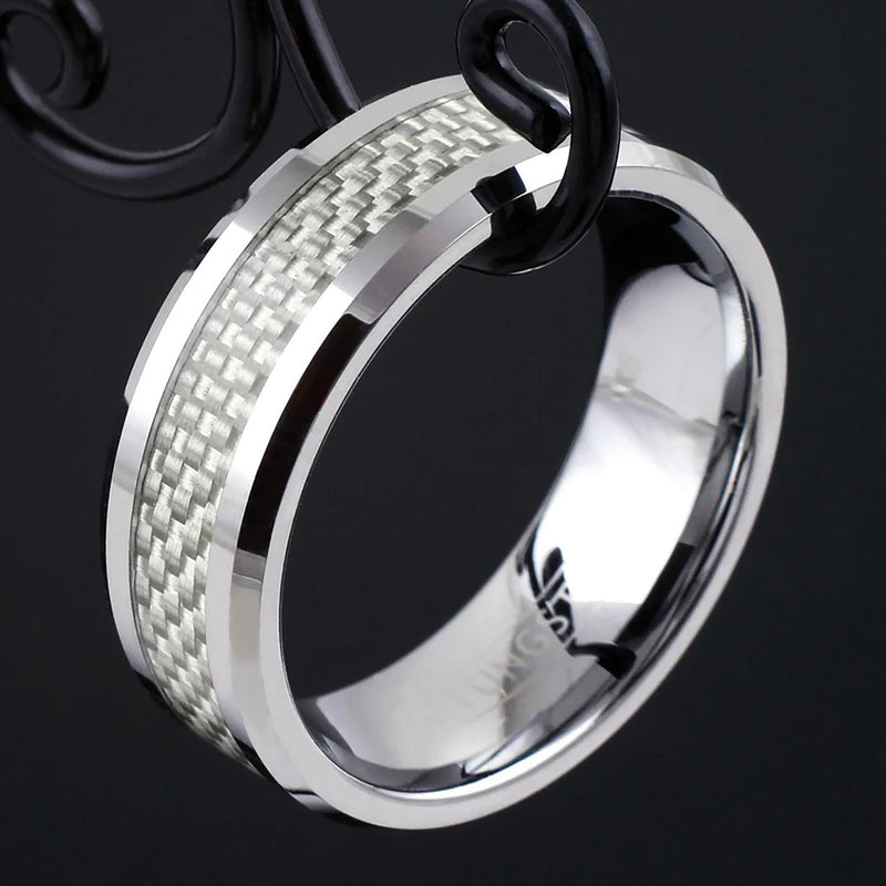 White Graphite Inlay on Silver Tungsten Ring Example