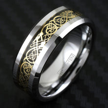 Yellow Celtic Dragon on Black and Silver Tungsten Ring Side View
