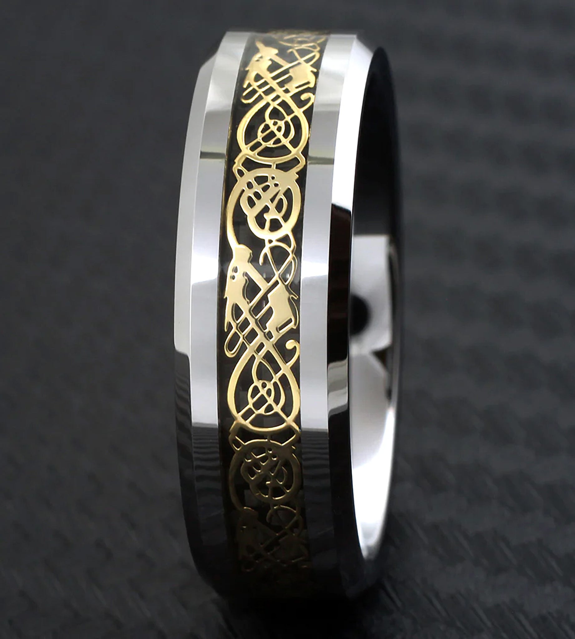 Yellow Celtic Dragon on Black and Silver Tungsten Ring Front View