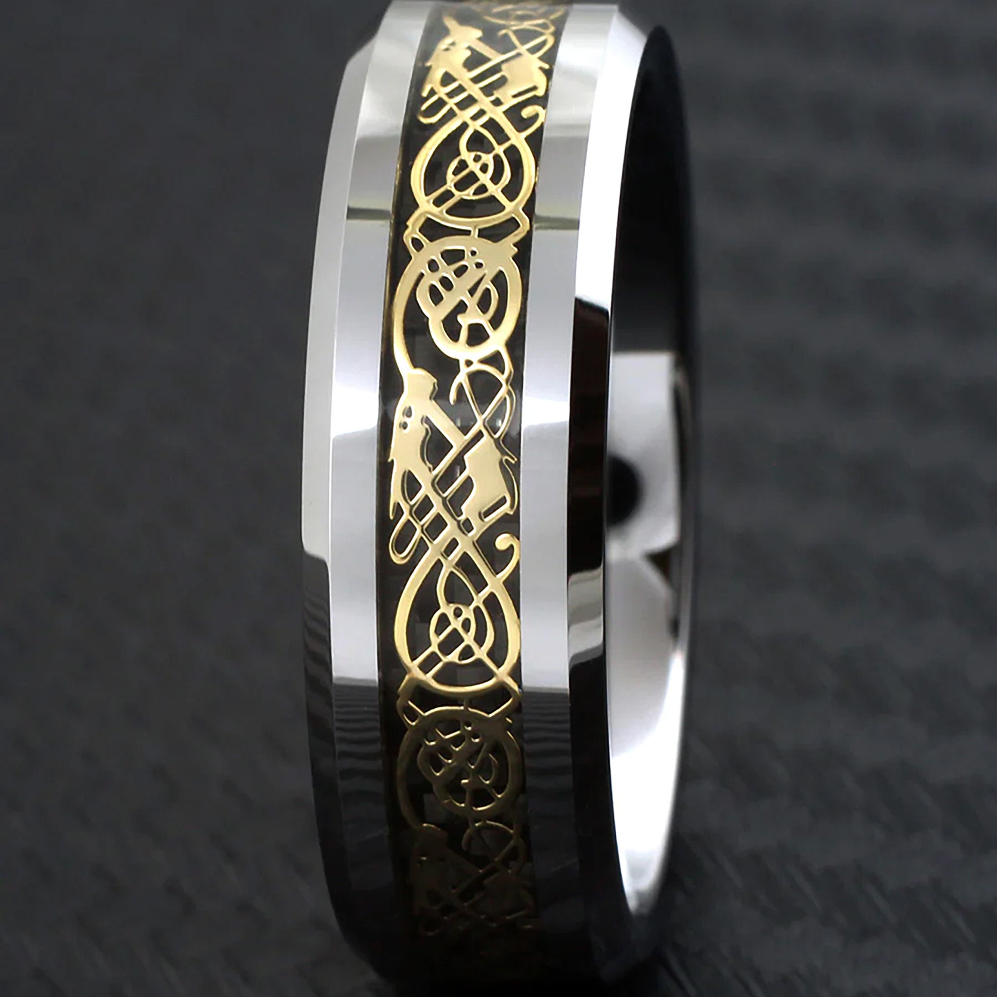 Yellow Celtic Dragon on Black and Silver Tungsten Ring Front View