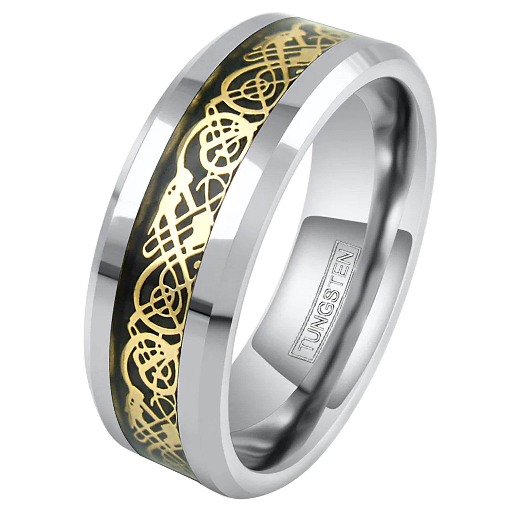 Yellow Celtic Dragon on Black and Silver Tungsten Ring