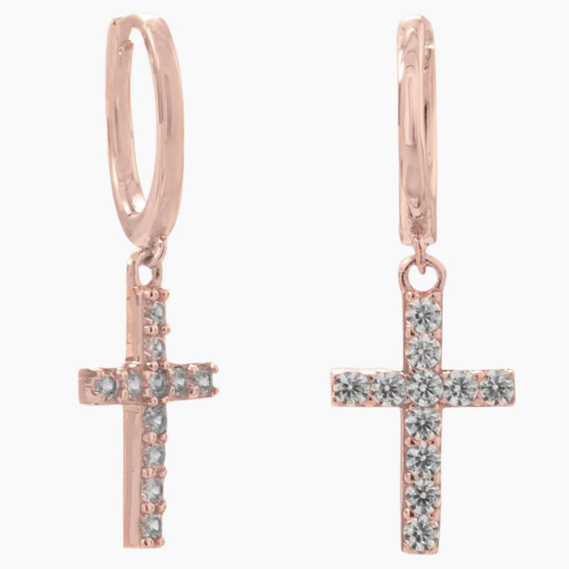 Zirconia Cross Rose Gold Hoop Earrings
