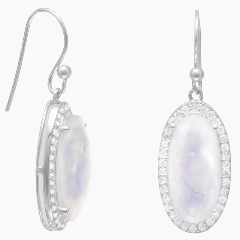 Zirconia Edged Rainbow Moonstone Earrings