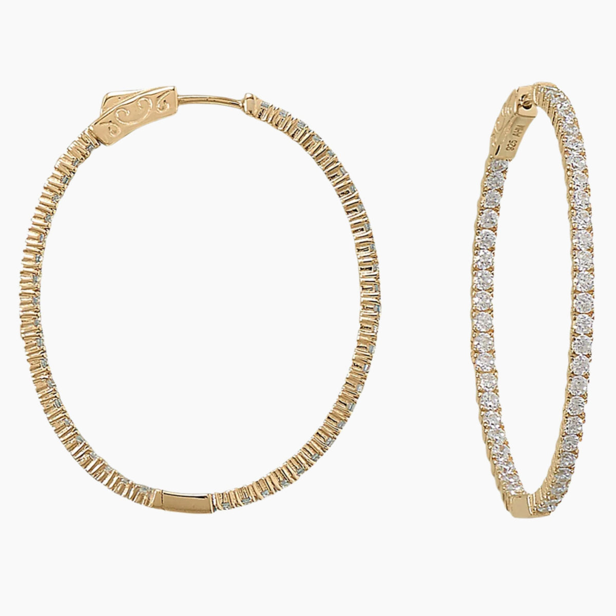 Zirconia Oval Gold Hoop Earrings Side View