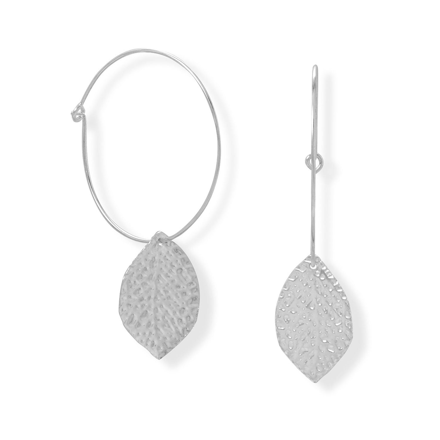 Leaf Drop Sterling Silver Hoop Earrings